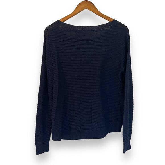 Theory Sweater Womens P XS Navy Blue Ribbed Oversized Cotton Open Knit Crewneck - Picture 10 of 10